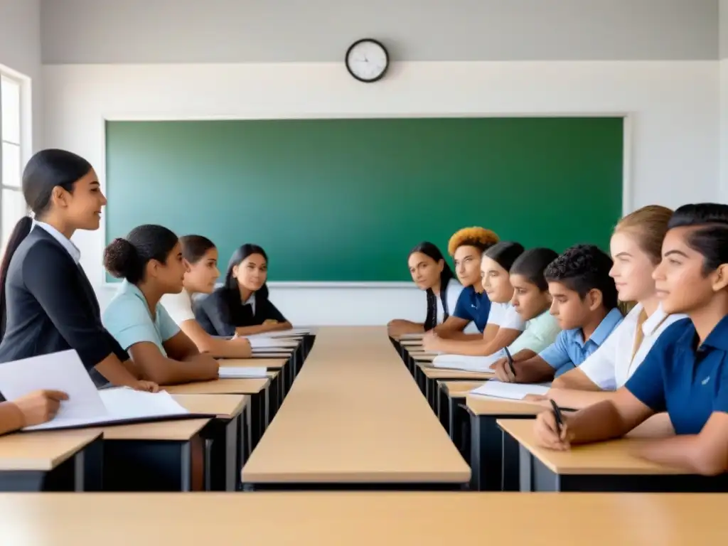 La importancia del multiculturalismo educativo Uruguay: Estudiantes diversos colaboran en un aula moderna, simbolizando la calidad educativa