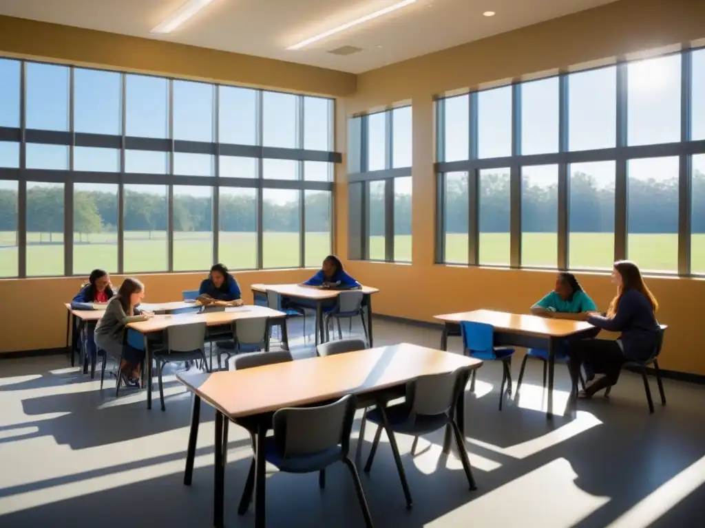 Importancia de períodos de descanso y recreación educativa: Estudiantes relajados leyendo, dibujando y charlando en aula luminosa durante el recreo