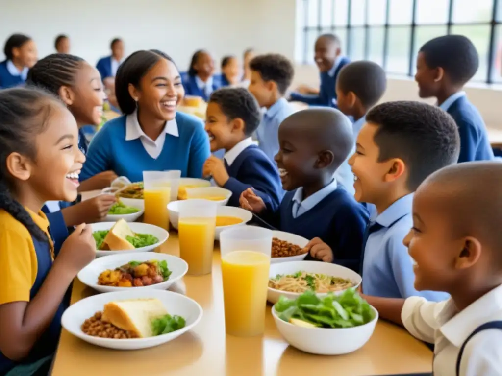 La importancia de los programas de alimentación escolar: niños de diferentes edades y etnias comen felices juntos en la cafetería escolar