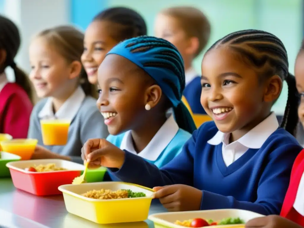 La importancia de programas alimentación escolar reflejada en niños felices y saludables disfrutando de sus comidas en la escuela