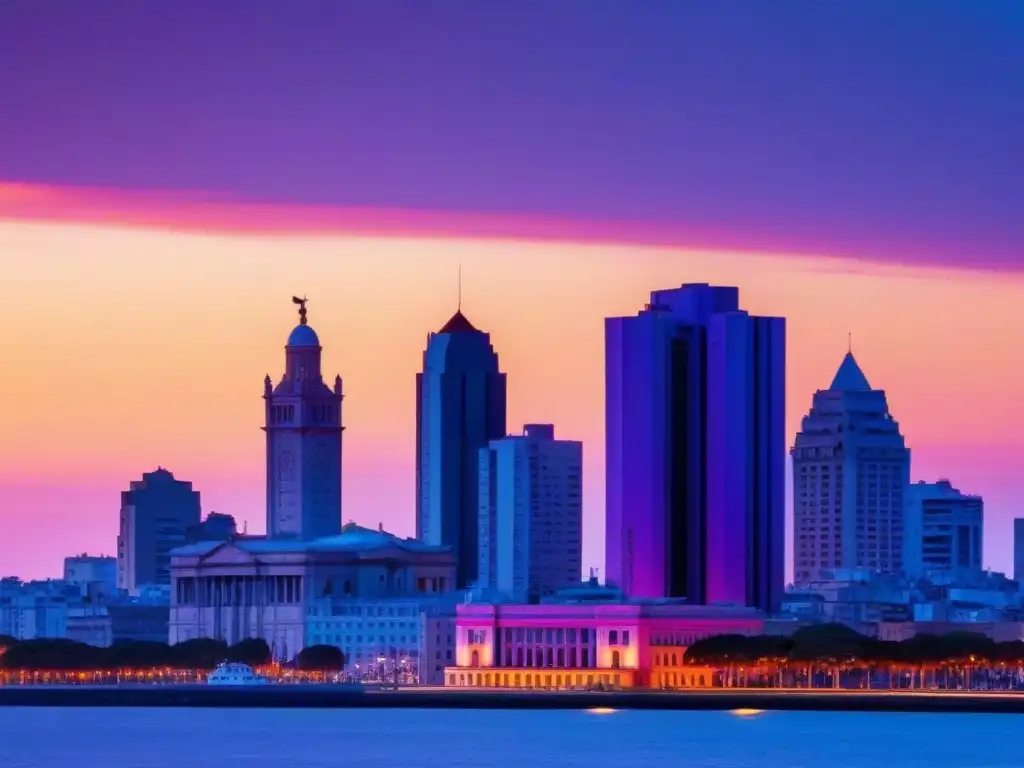 Impresionante skyline de Montevideo al atardecer con la Torre Antel y Palacio Salvo