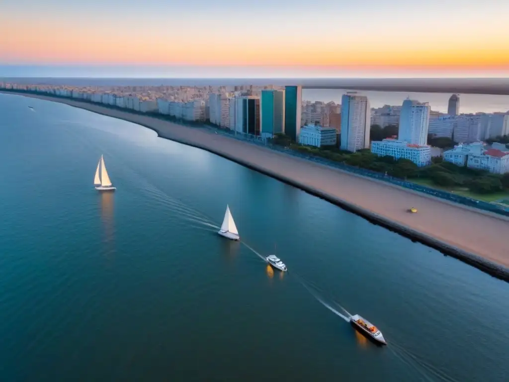 Impresionante vista aérea de Montevideo al atardecer, reflejando el impacto del bilingüismo en el turismo de Uruguay