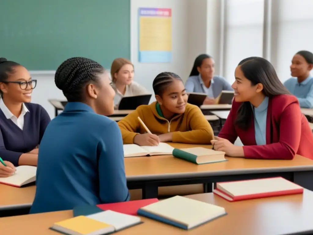 Conversación inclusiva sobre educación sexual con diversidad en un aula moderna