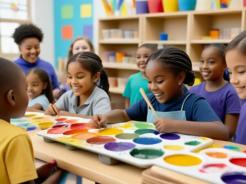 Clase de arte vibrante: niños creativos en acción Incorporación de arte en educación: Grupo diverso de niños en clase de arte, pinturas y esculturas coloridas, expresiones de alegría y concentración