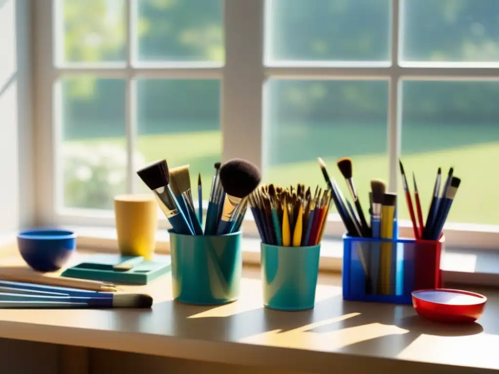 Escena serena de aula con suministros artísticos organizados Incorporación de arte en educación: Escena serena de aula con suministros artísticos ordenados en un escritorio iluminado por el sol