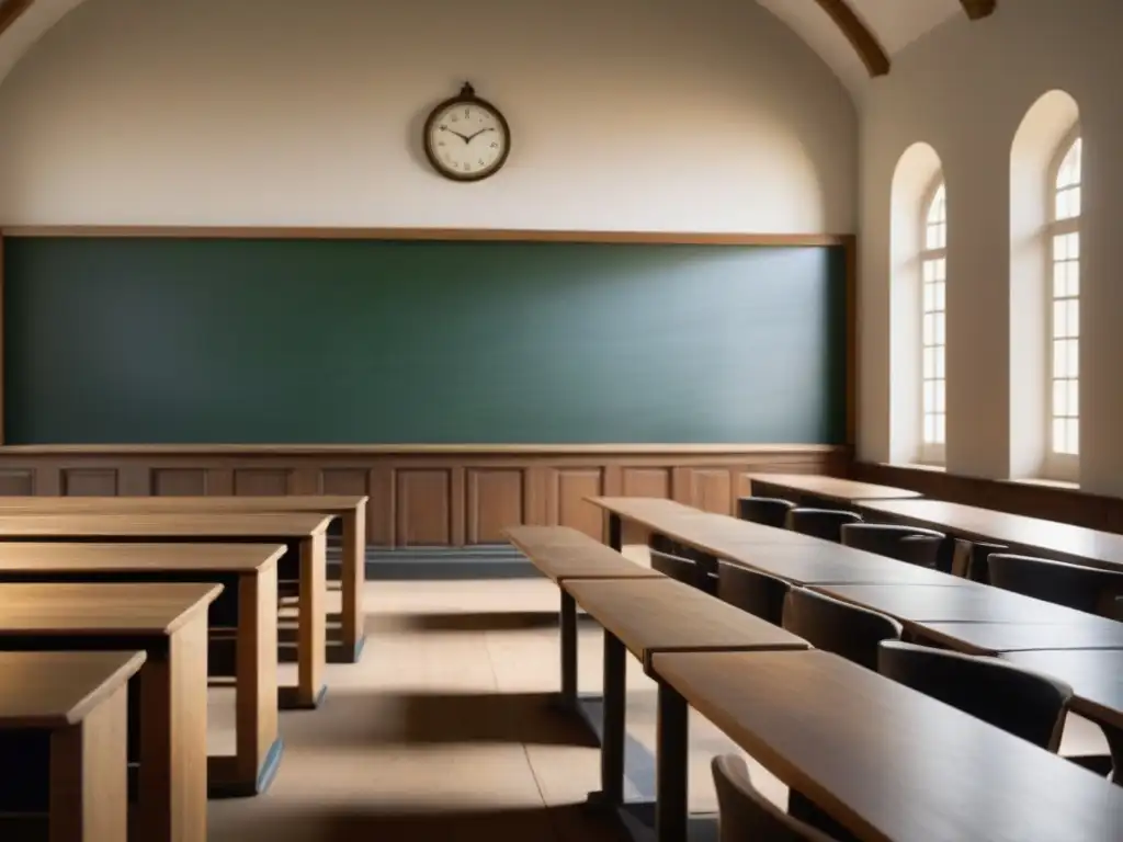 Influencia europea en el sistema educativo de Uruguay: Aula clásica con pupitres de madera y pizarra vintage, iluminada por luz natural