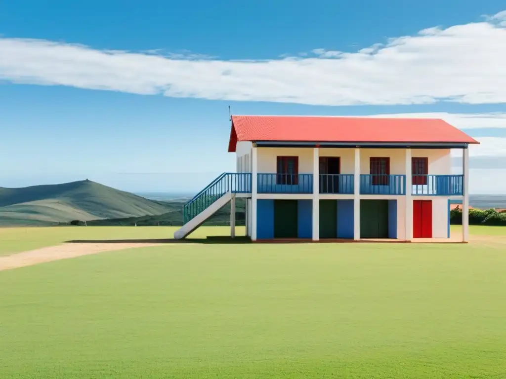 Infraestructura escolar en el campo de Uruguay: Escuela rural bajo cielo azul y campos verdes serenos