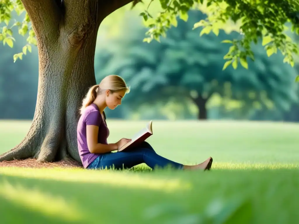 Inmerso en la lectura, un joven lee bajo un árbol en un campo, transmitiendo calma