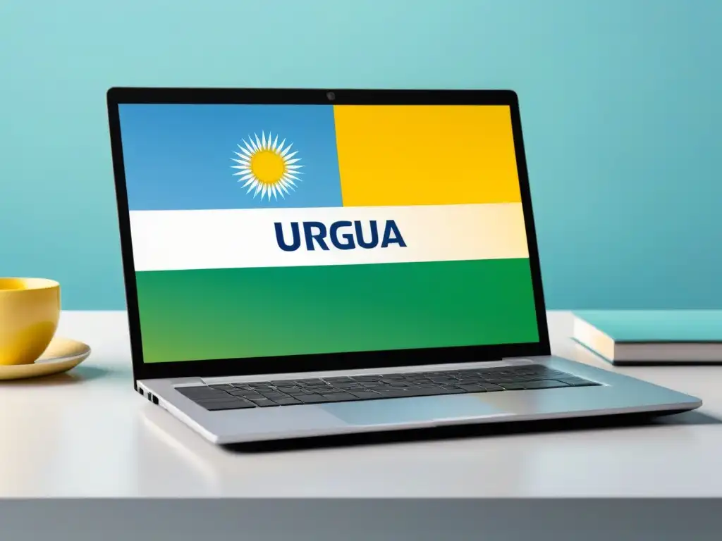 Un innovador laptop con plataforma elearning en colores de Uruguay, simbolizando accesibilidad en elearning Uruguay