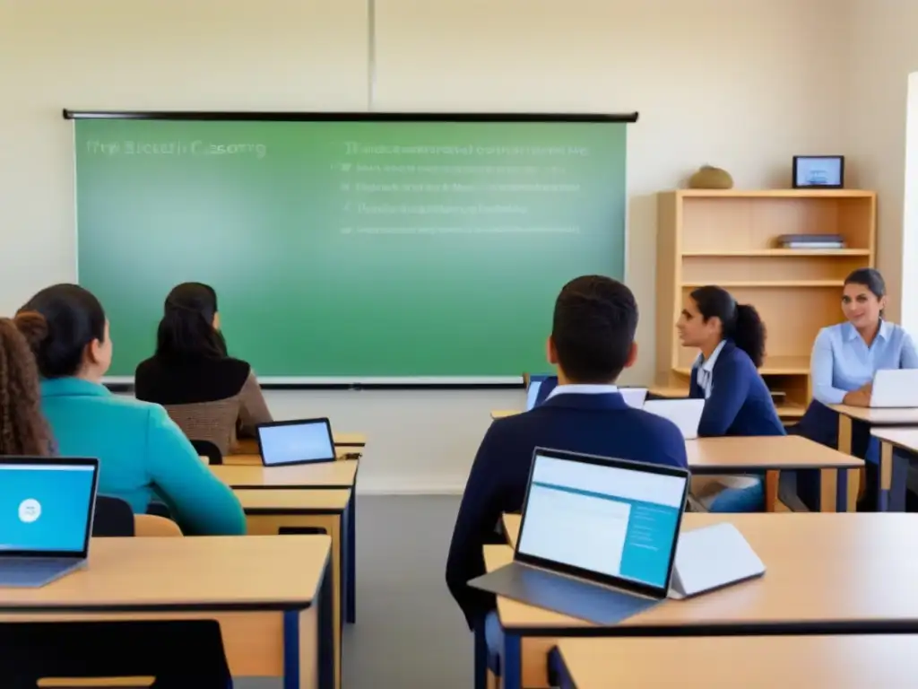 Innovadora aula en Uruguay con tecnología elearning, estudiantes y maestro, fusionando educación tradicional con herramientas vanguardistas