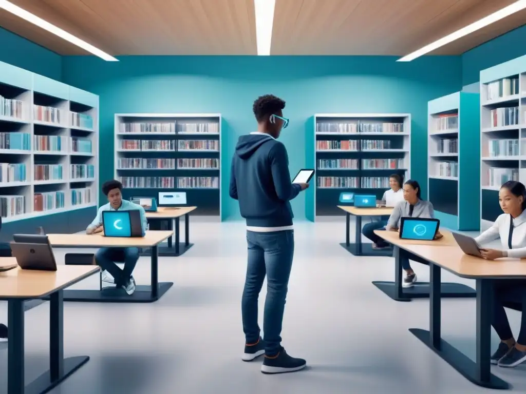 Innovadora biblioteca escolar del futuro con tecnología interconectada y estudiantes usando dispositivos inteligentes