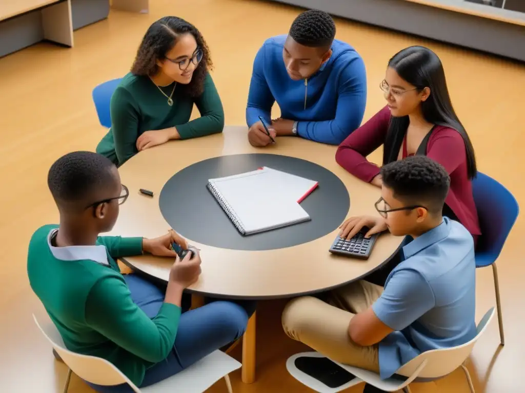 Innovadora enseñanza matemáticas: estudiantes diversos resolviendo problemas en equipo en un aula moderna de Uruguay