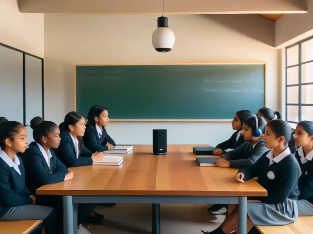 Innovadora integración de podcasts en educación: estudiantes diversos escuchando con atención en aula minimalista