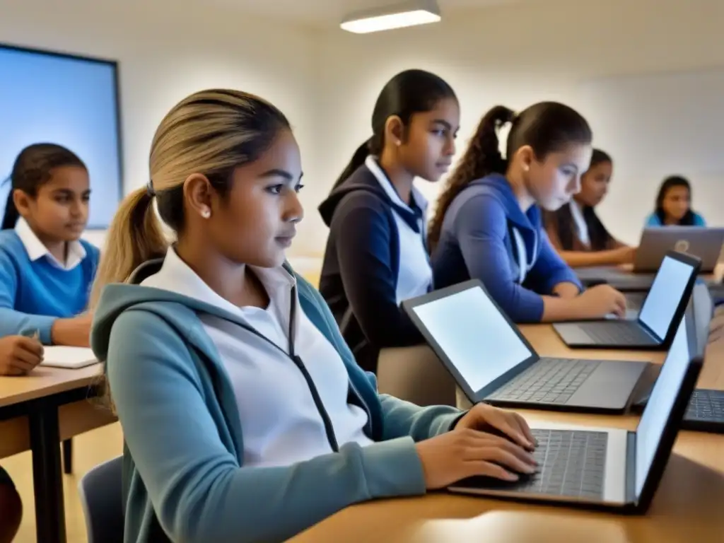 Innovadora educación en línea en Uruguay: estudiantes colaborando con tecnología en un aula avanzada