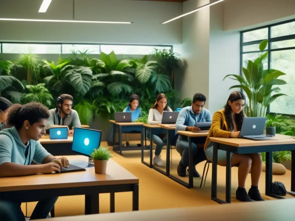Estudiantes de Uruguay usando tecnología educativa en aula sostenible Innovadoras startups educativas en Uruguay abrazando la tecnología en aulas sostenibles