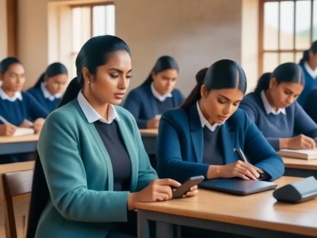 Innovadores proyectos educativos móviles en Uruguay, estudiantes diversos aprendiendo con tecnología en aula rural