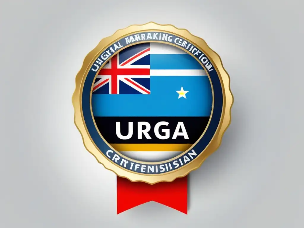 Insignia moderna de certificación en Marketing Digital con los colores de la bandera uruguaya, simbolizando profesionalismo