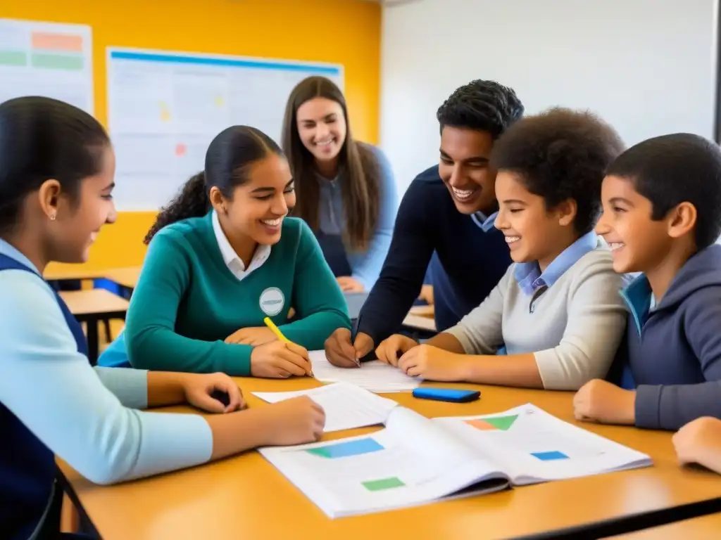 Inspirador aprendizaje basado en proyectos en Uruguay: alumnos diversos colaboran y aprenden con entusiasmo en un aula colorida