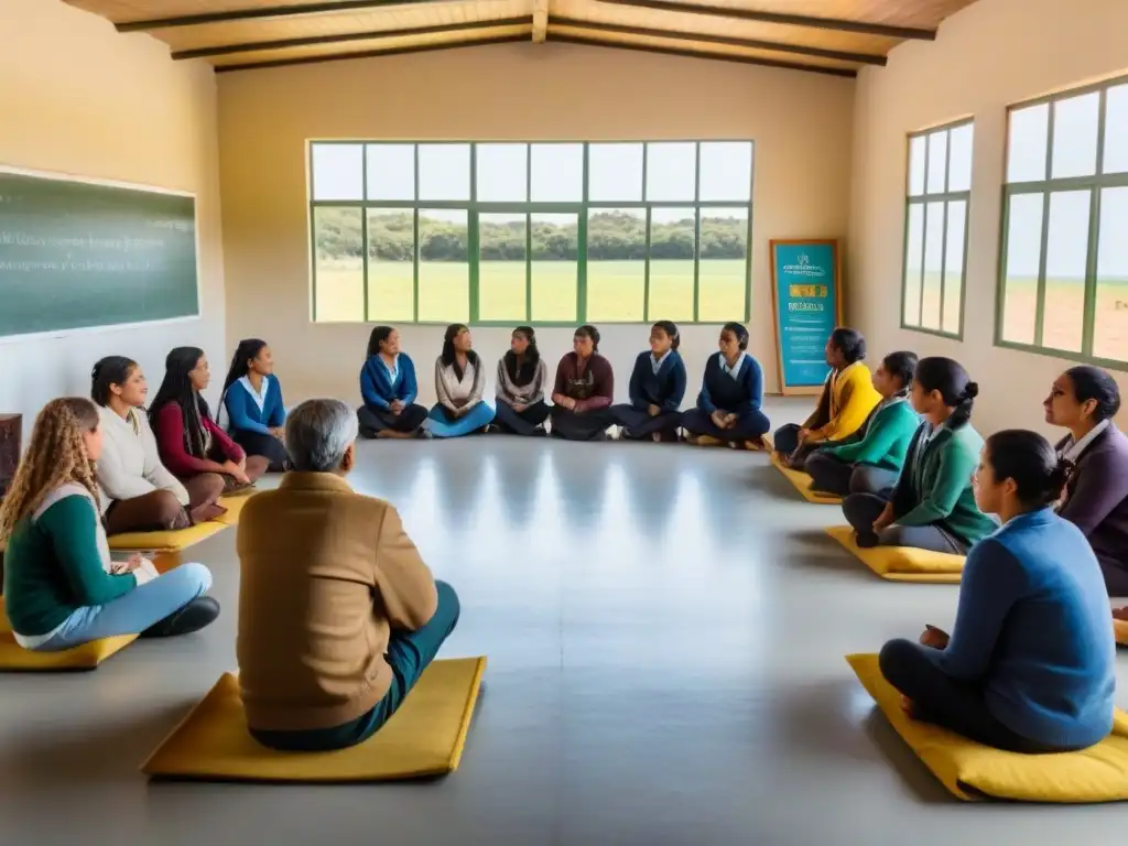 Inspirador círculo de educadores en aula rural de Uruguay, discutiendo técnicas innovadoras