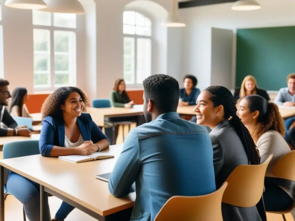 Inspirador debate entre estudiantes diversos en aula moderna de universidad en Uruguay