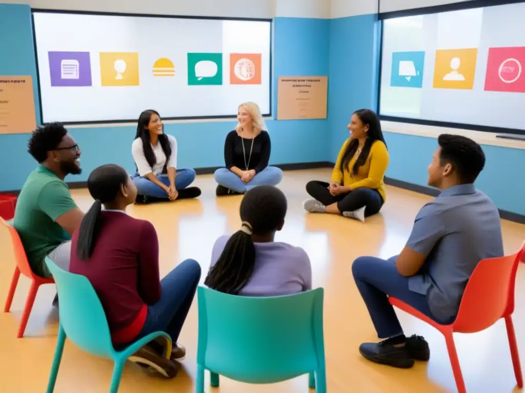 Inspirador debate inclusivo de estudiantes diversos en aula moderna