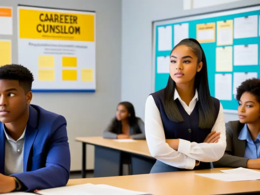 Empoderamiento juvenil: Orientación vocacional en aula moderna Un inspirador taller de orientación vocacional en educación secundaria, donde una estudiante consulta a un consejero