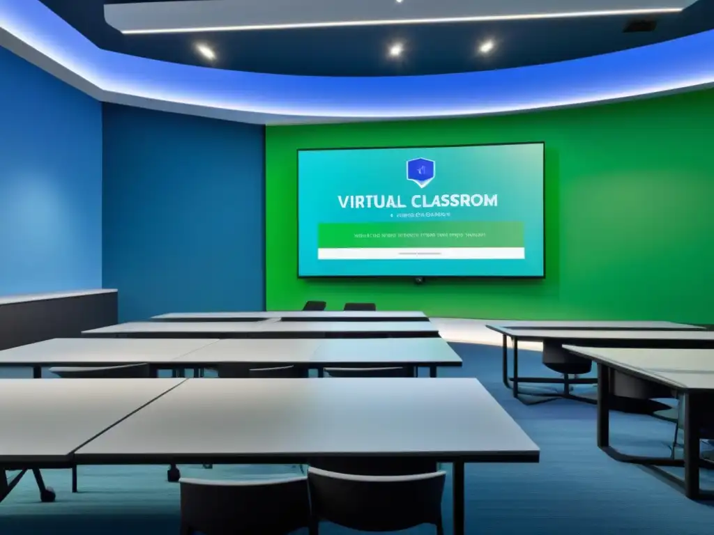 Inspirador aula virtual con diseño moderno, iluminación suave y recursos educativos interactivos