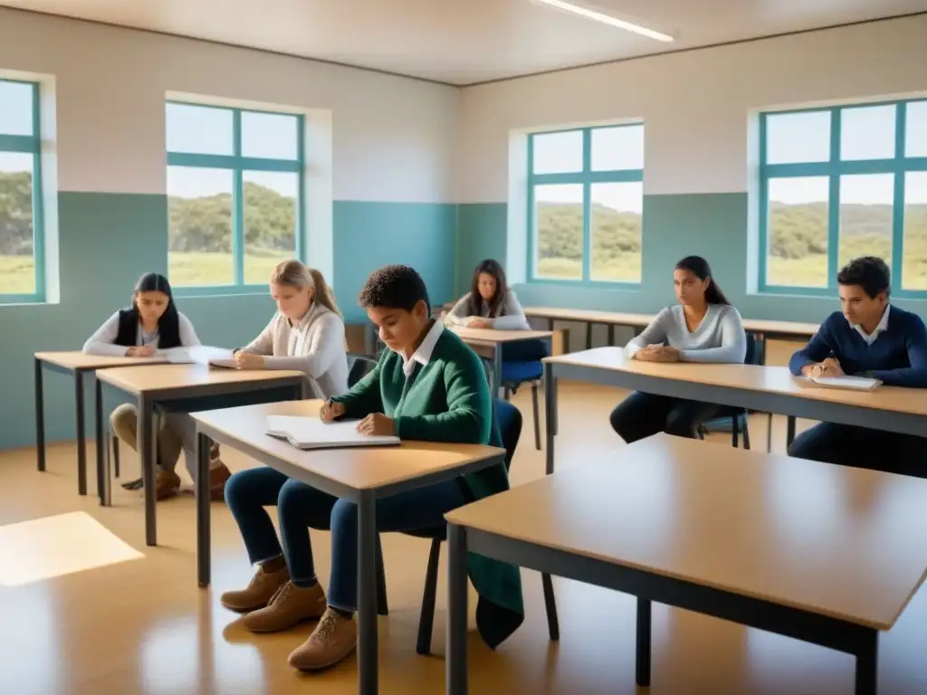 Inspiradora aula en Uruguay con alumnos diversos colaborando, materiales inclusivos y tecnología, iluminada por luz natural