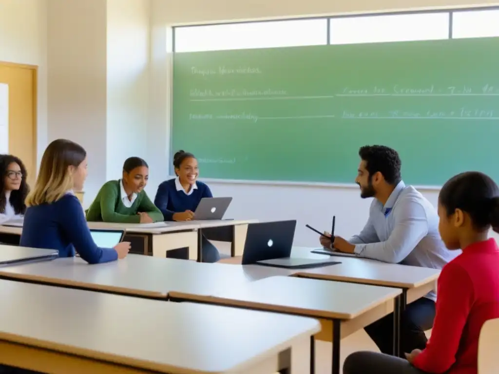 Inspiradora colaboración en aula moderna con estudiantes y docentes, usando tecnología educativa