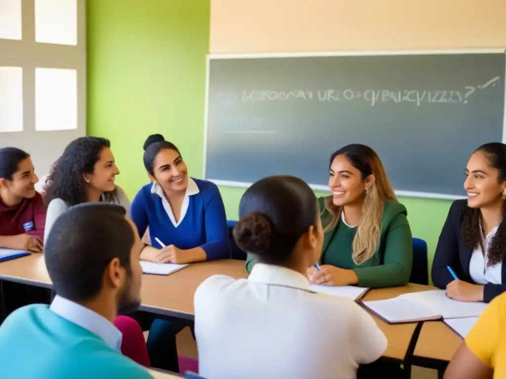 Inspiradora clase en Uruguay: alumnos diversos participan activamente en una discusión, fomentando la resiliencia en el aula