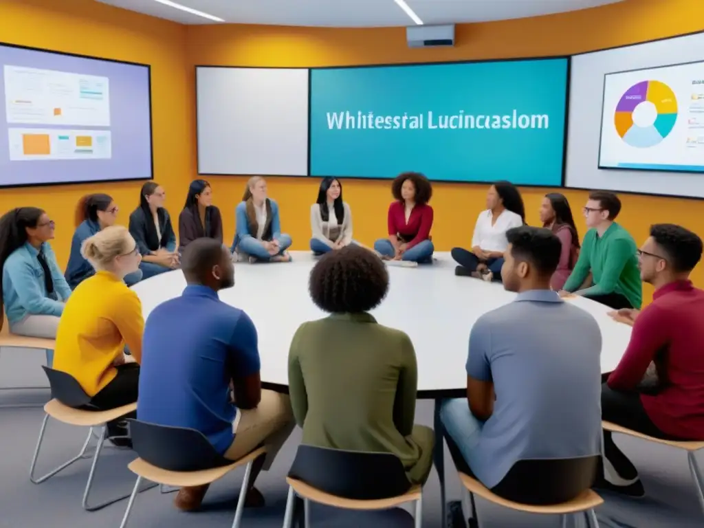 Inspiradora diversidad en la educación digital: estudiantes debatiendo en aula tecnológica