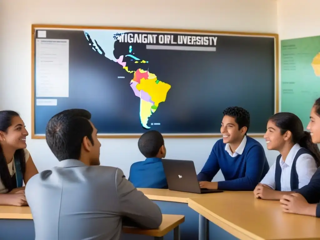 Inspiradora diversidad de estudiantes en un aula moderna en Uruguay, rompiendo barreras educativas