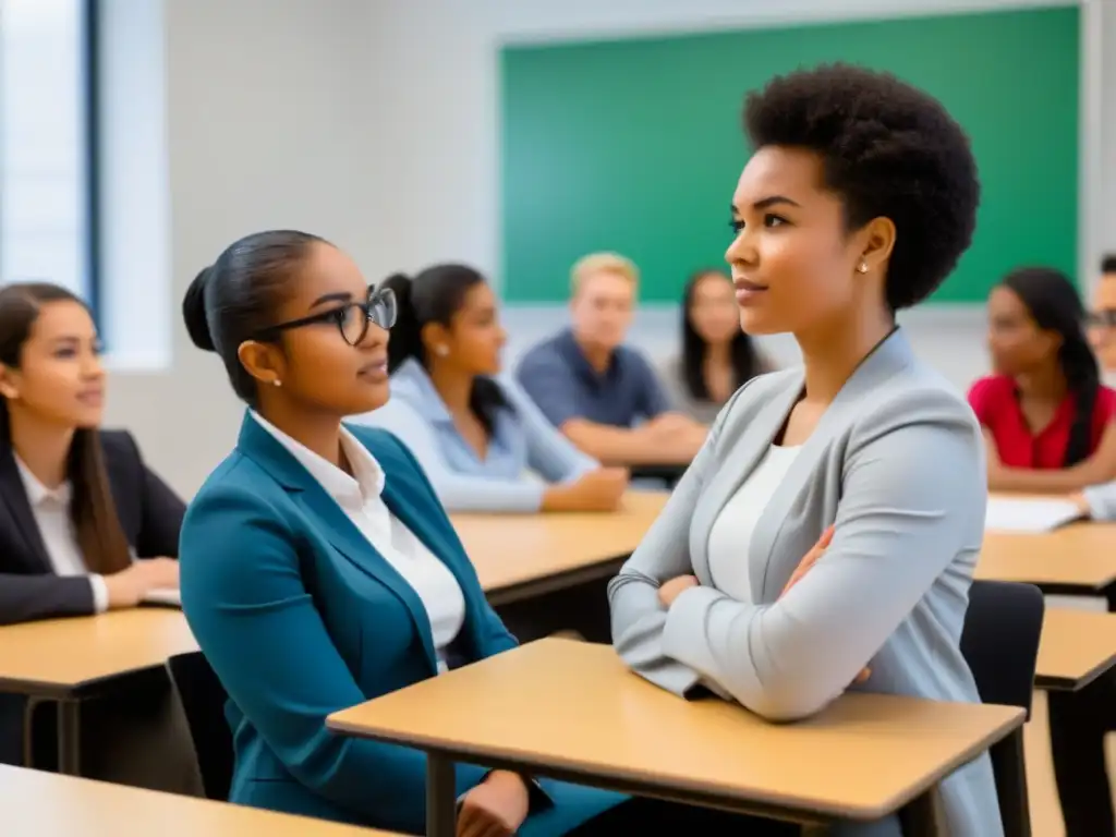 Inspiradora diversidad de estudiantes participando en una estimulante discusión en aula moderna, reflejando colaboración y aprendizaje