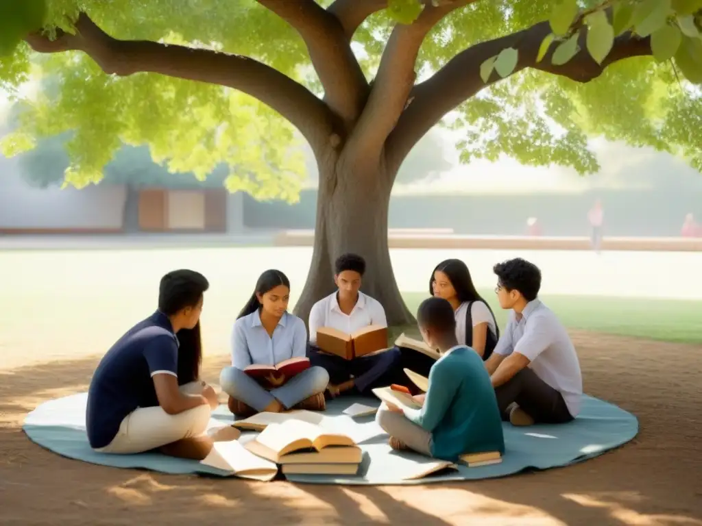 Inspiradora enseñanza de idiomas y literatura en Uruguay, estudiantes leen libros en círculo bajo un árbol