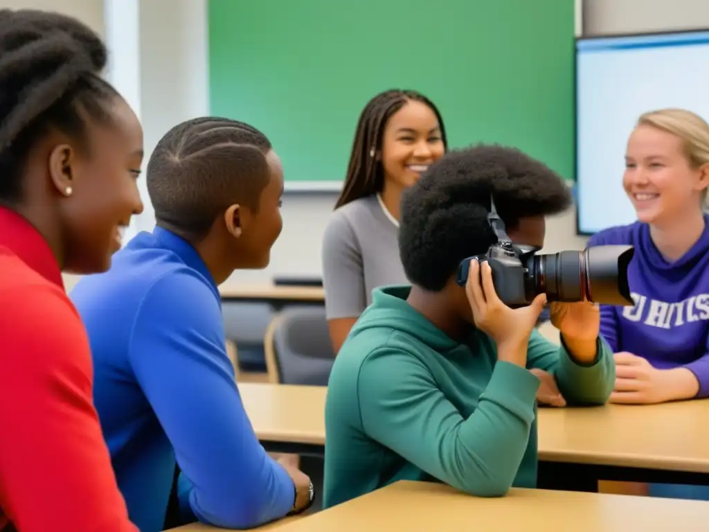 Inspiradora sesión de fotografía en el aula Uruguay: estudiantes capturando creativamente su entorno con cámaras en mano