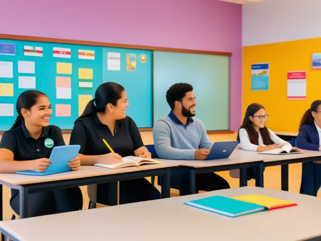 Inspiradora escena de aprendizaje de idiomas en Uruguay con diversas edades y etnias