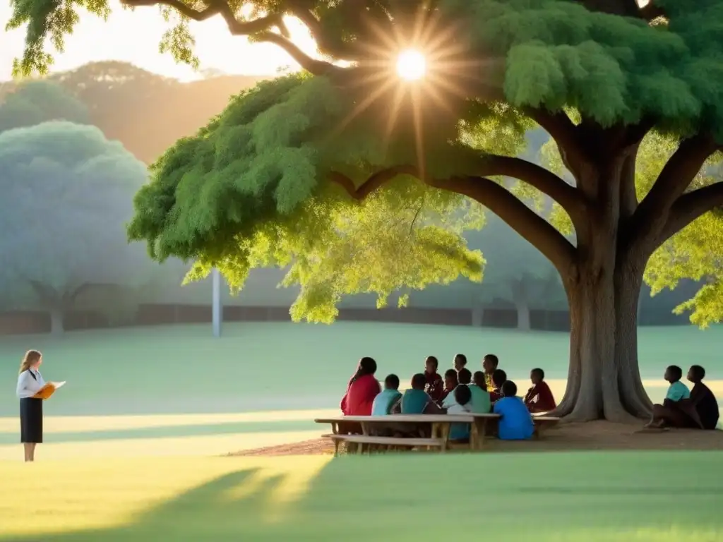 Inspiradora escena de educación a distancia en Uruguay: maestro y estudiantes bajo un árbol al atardecer en campo verde