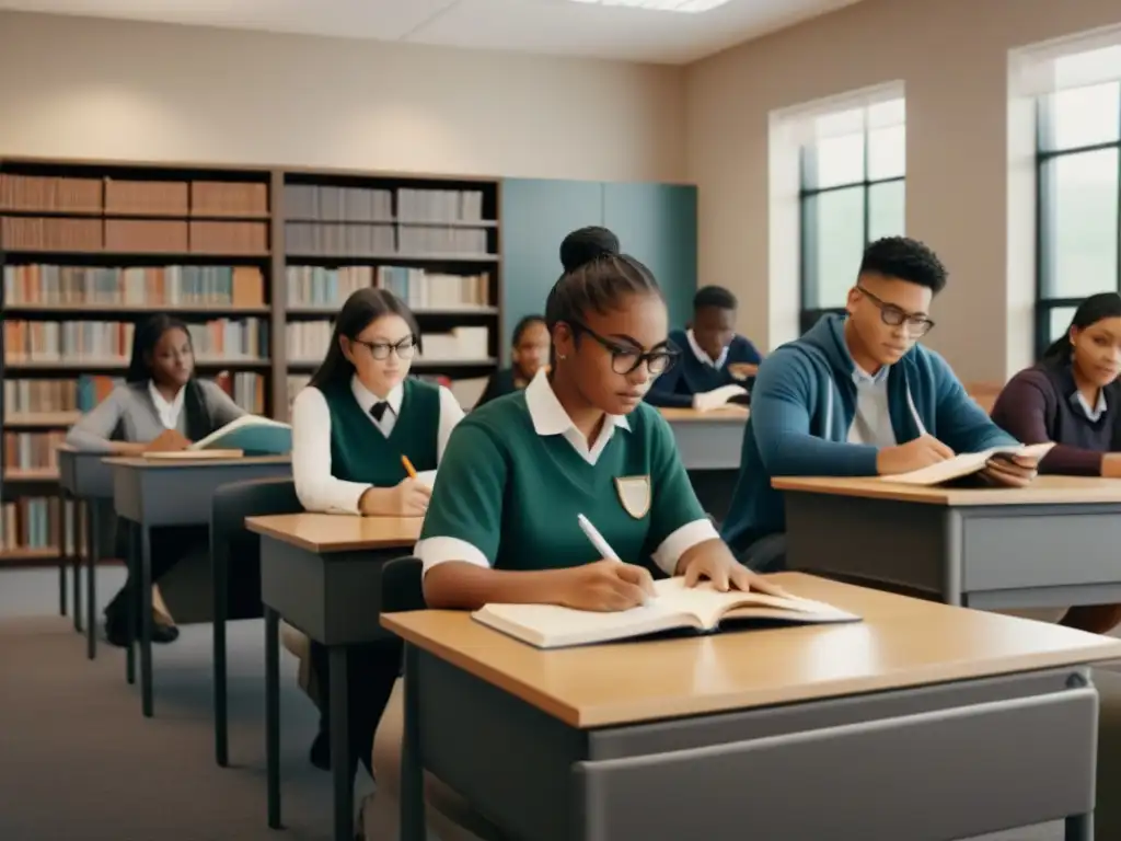 Inspiradora escena educativa con estudiantes concentrados y libros, reflejando la transformación educativa en Uruguay