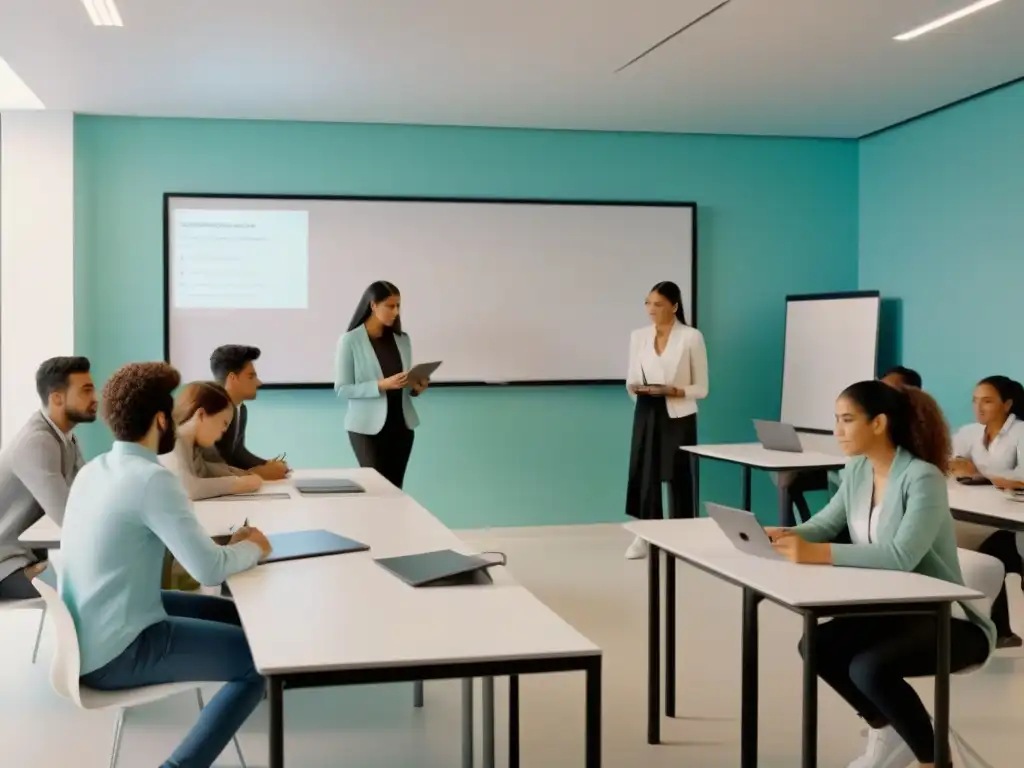 Inspiradora escena educativa en Uruguay con estudiantes colaborando usando tecnología moderna