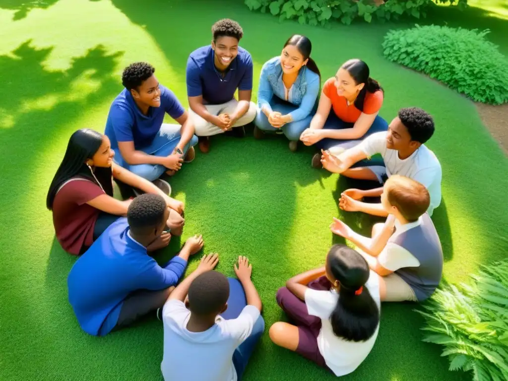 Inspiradora escena de estudiantes diversos bajo un árbol, dialogando con empatía y comprensión