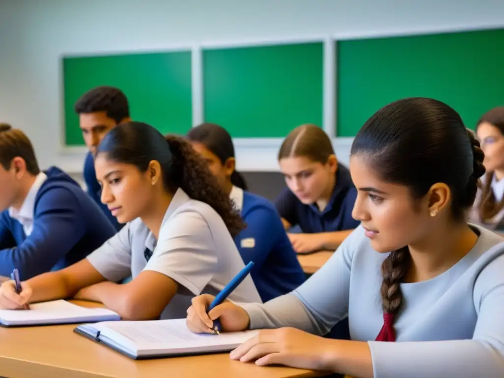 Inspiradora escena de estudiantes uruguayos en aula moderna, reflejando el impacto de las políticas educativas en la economía de Uruguay