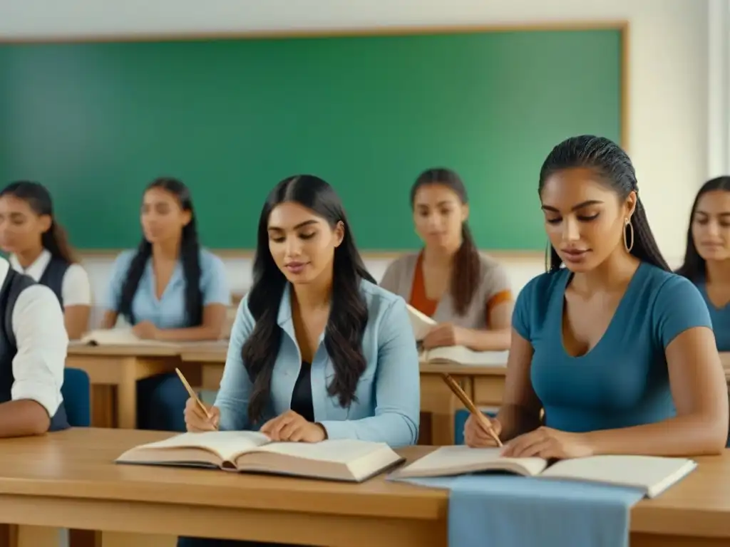 Inspiradora escena de estudiantes uruguayos inmersos en métodos artísticos educación uruguaya en aula moderna y luminosa