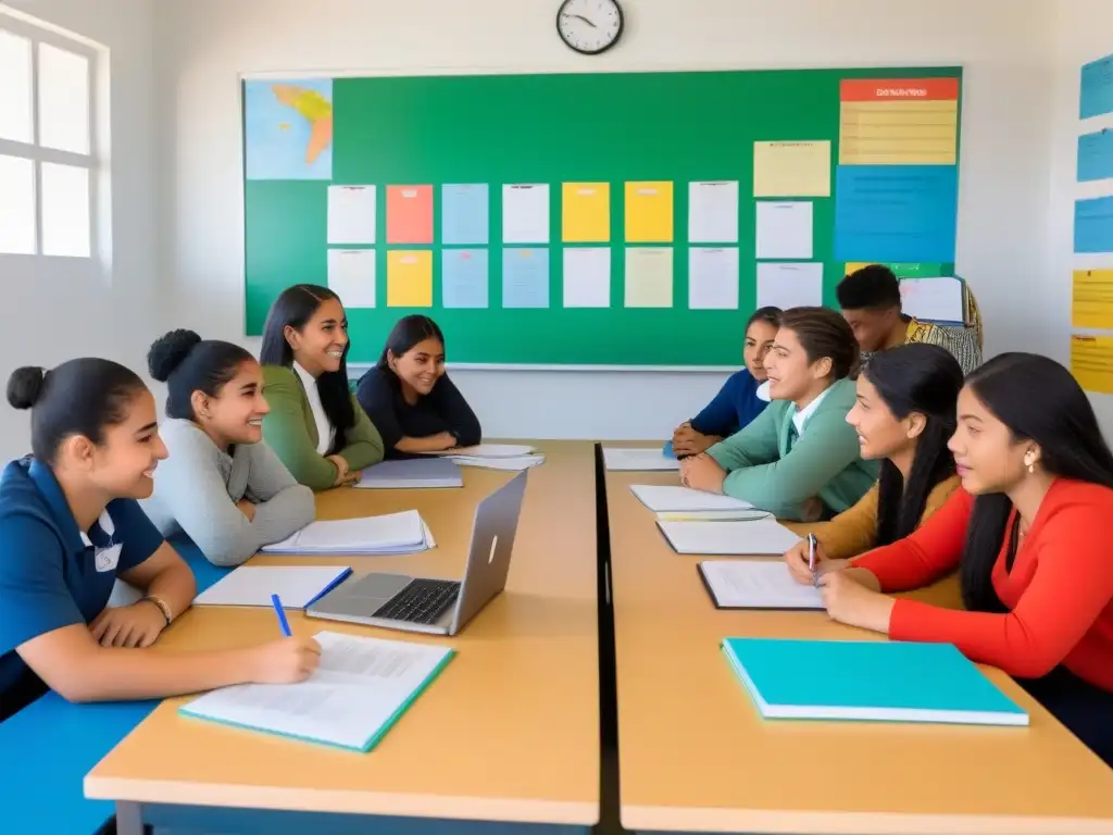 Inspiradora escena de estudiantes variados colaborando en un aula moderna en Uruguay