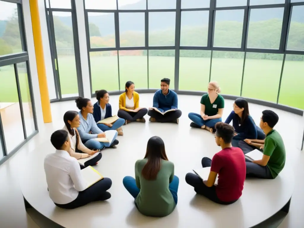Inspiradora escena de intercambio cultural en un aula moderna, alumnos diversos con libros y cuadernos