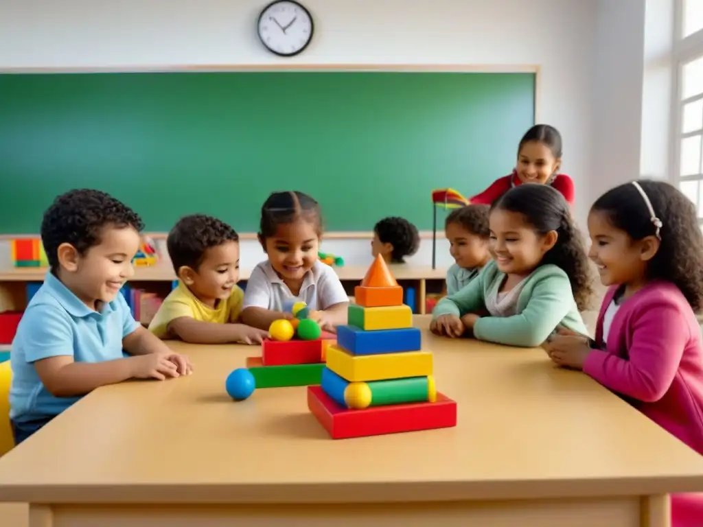 Inspiradora escena de educación preescolar con niños migrantes en Uruguay, jugando y aprendiendo juntos en aula multicultural