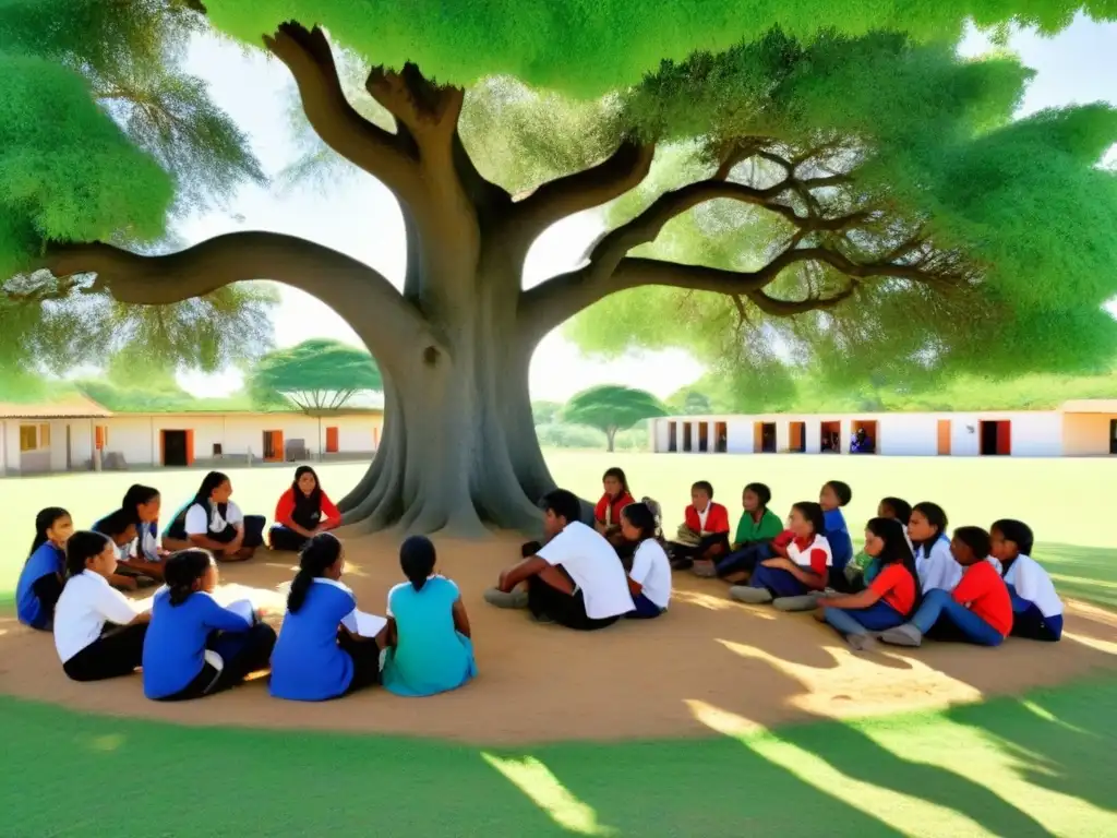 Inspiradora escena de educación rural en Uruguay, niños participan en actividades educativas bajo un árbol frondoso