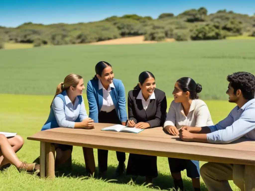 Estudiantes rurales de Uruguay aprenden con entusiasmo al aire libre Inspiradora escena de educación rural en Uruguay futura: estudiantes colaborando con entusiasmo al aire libre