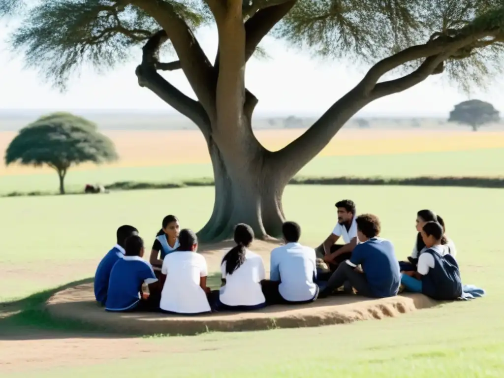 Inspiradora escena de educación rural en Uruguay: estudiantes y maestro debatiendo bajo un árbol, simbolizando cambio social