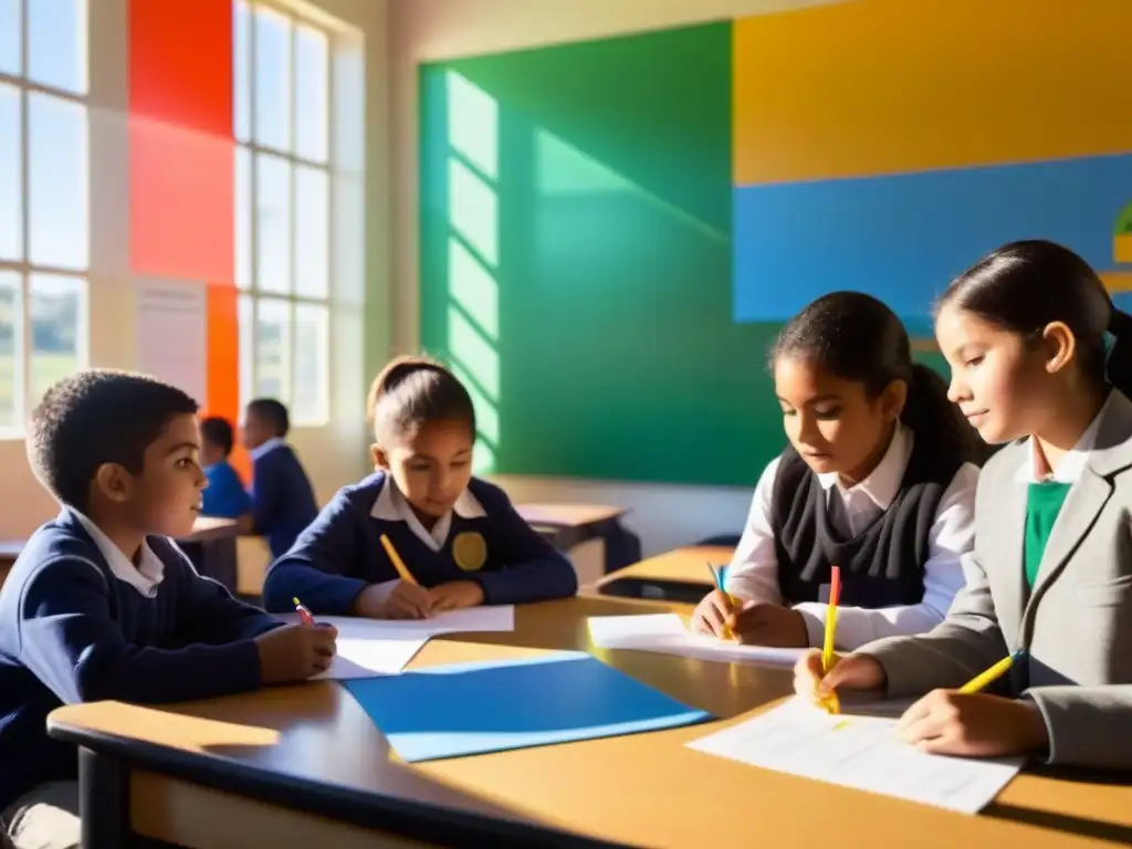 Inspiradora investigación científica en escuelas uruguayas: alumnos colaborando en experimentos STEM rodeados de coloridos pósteres educativos