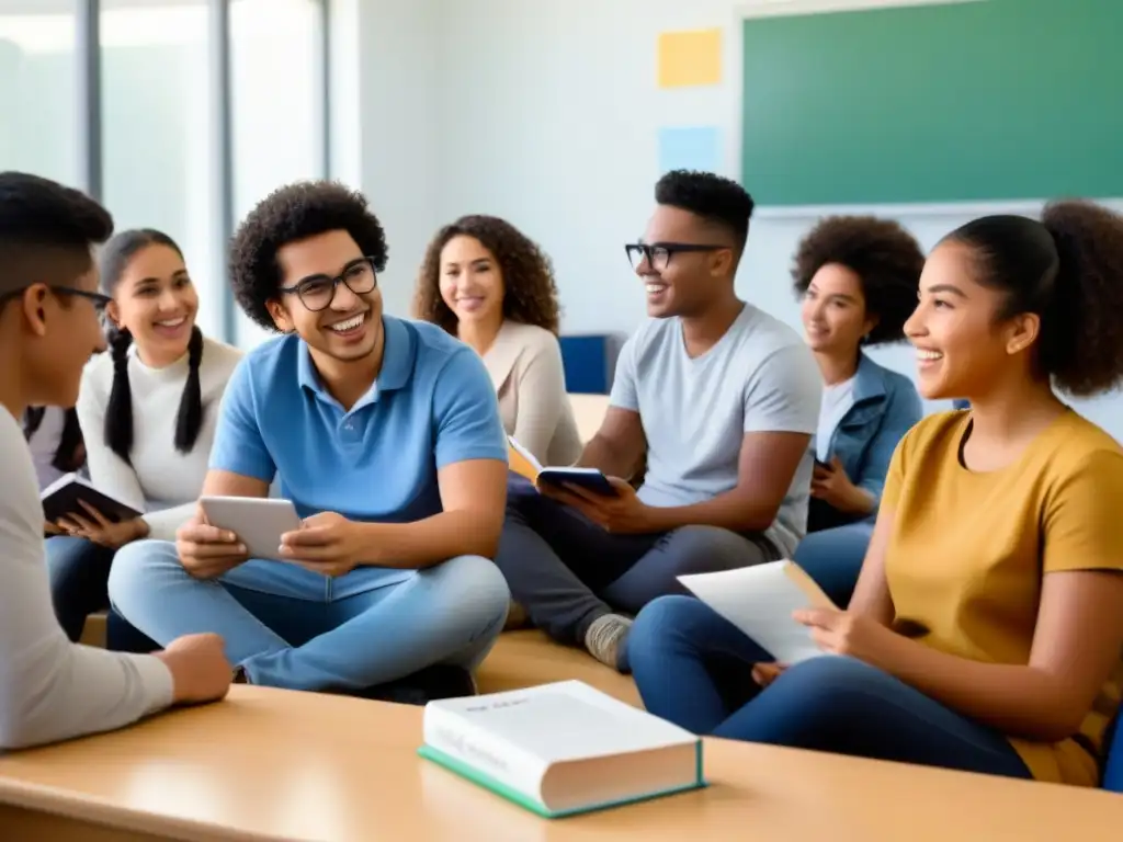 Inspiradora colaboración entre estudiantes de diversas culturas en un aula moderna, promoviendo startups educativas en Uruguay